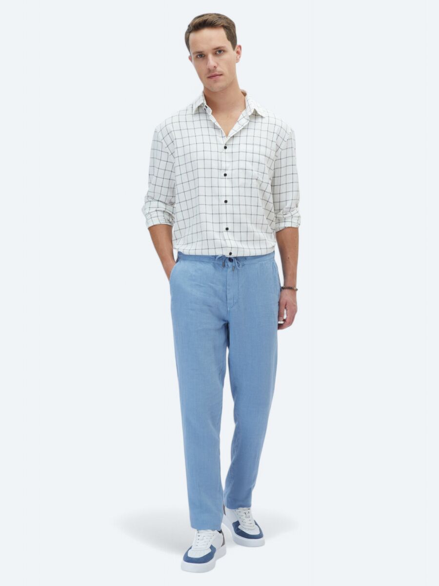 Blue Weaving Jogging Fit Casual 100% Linen Trousers - 1
