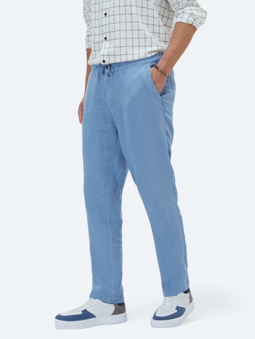 Blue Weaving Jogging Fit Casual 100% Linen Trousers - 2