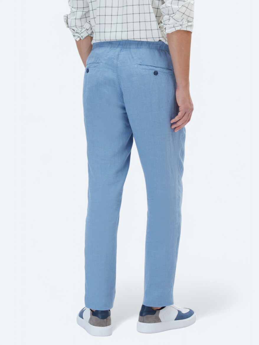 Blue Weaving Jogging Fit Casual 100% Linen Trousers - 4