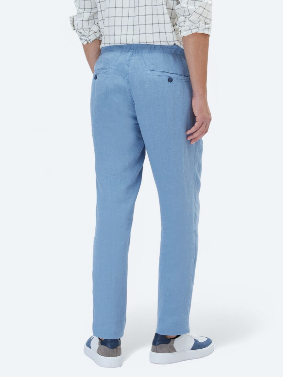 Blue Weaving Jogging Fit Casual 100% Linen Trousers - 4