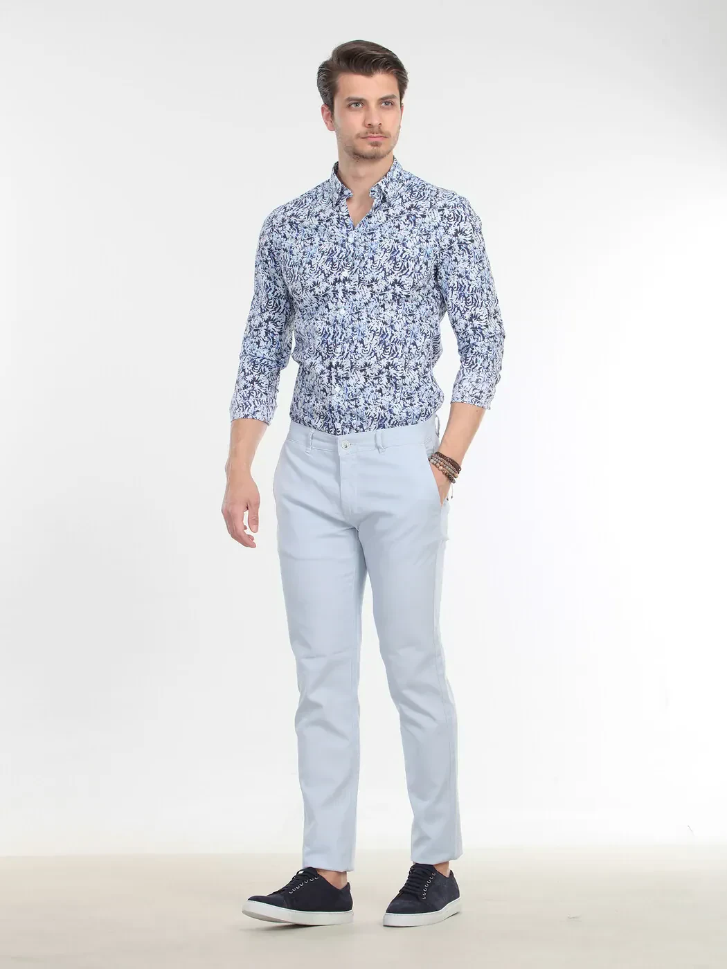 Blue Weaving Regular Fit Casual Cotton Blended Trousers - 3