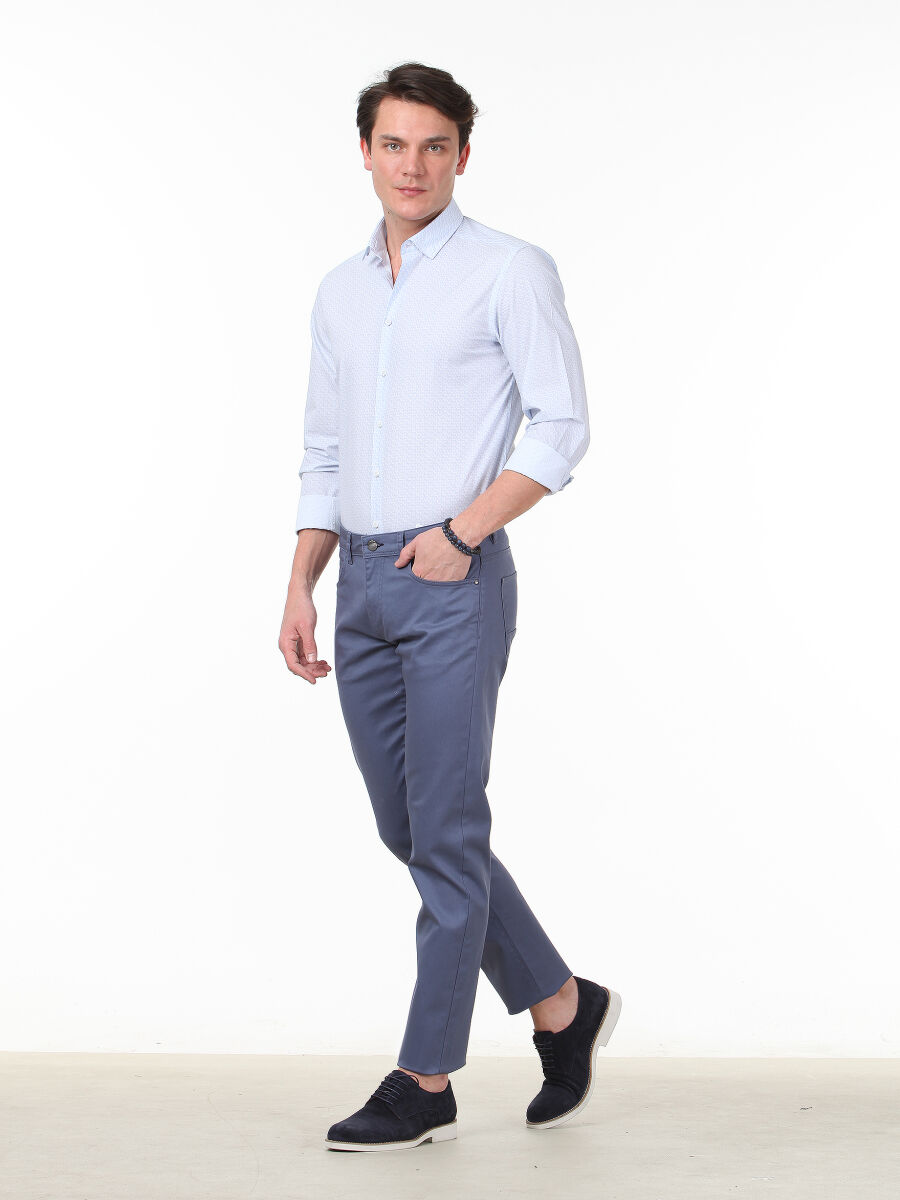Blue Weaving Regular Fit Casual Cotton Blended Trousers - 1