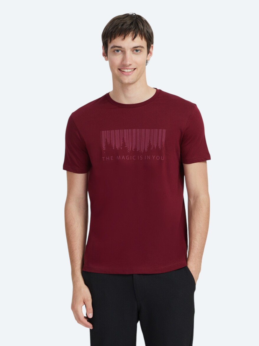 Bordo Baskılı Bisiklet Yaka %100 Pamuk T-Shirt - KİP