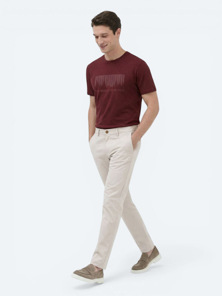 Bordo Baskılı Bisiklet Yaka %100 Pamuk T-Shirt - 2