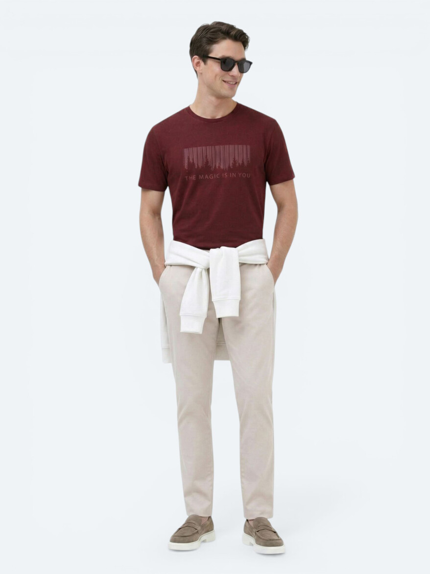 Bordo Baskılı Bisiklet Yaka %100 Pamuk T-Shirt - 3