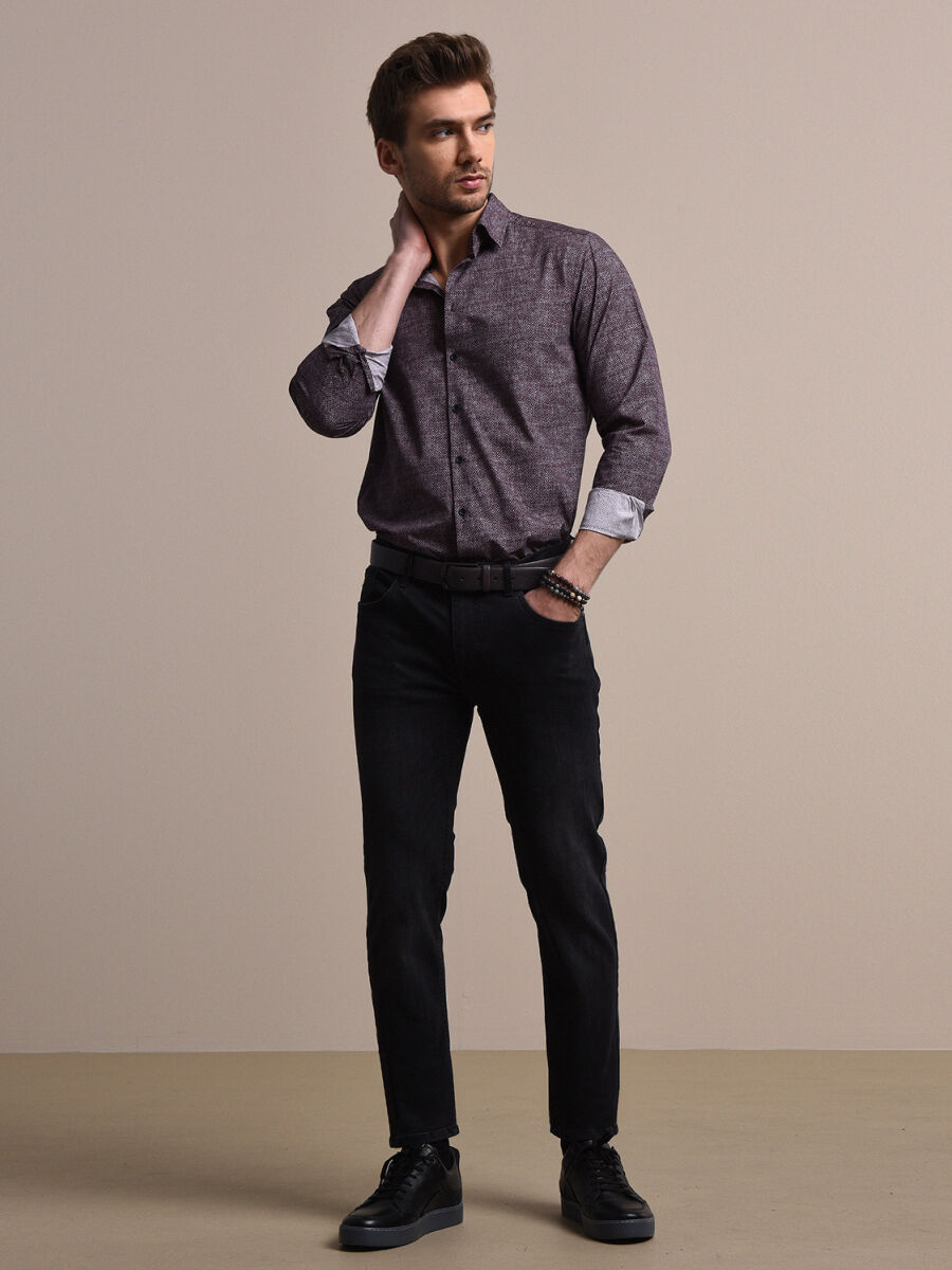 Bordo Baskılı Regular Fit Dokuma Casual %100 Pamuk Gömlek - 1