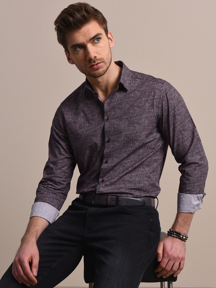 Bordo Baskılı Regular Fit Dokuma Casual %100 Pamuk Gömlek - 3