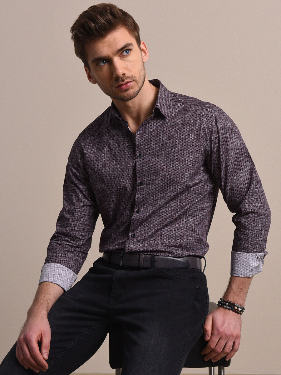 Bordo Baskılı Regular Fit Dokuma Casual %100 Pamuk Gömlek - 3