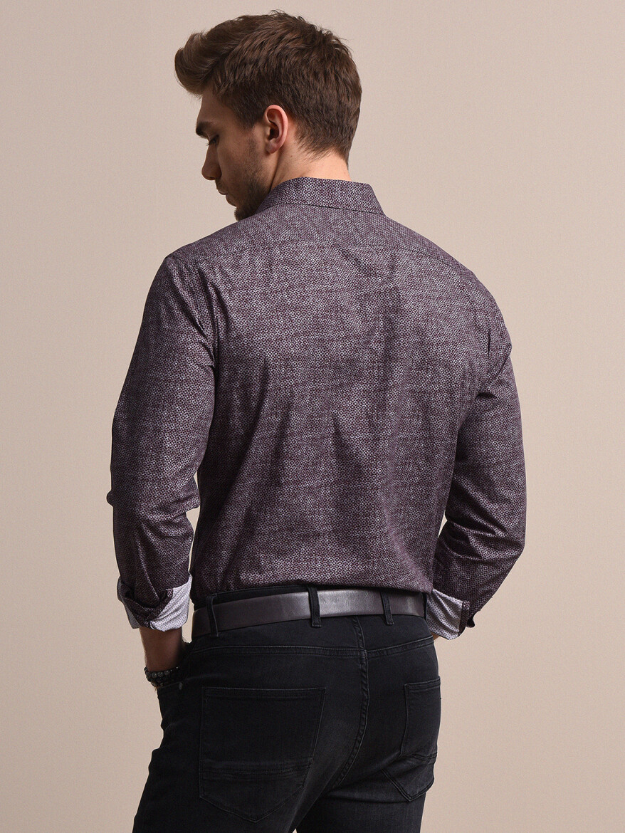 Bordo Baskılı Regular Fit Dokuma Casual %100 Pamuk Gömlek - 4
