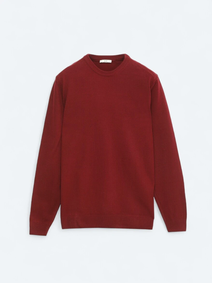 Bordo Bisiklet Yaka Düz Örgü Triko Kazak - 5