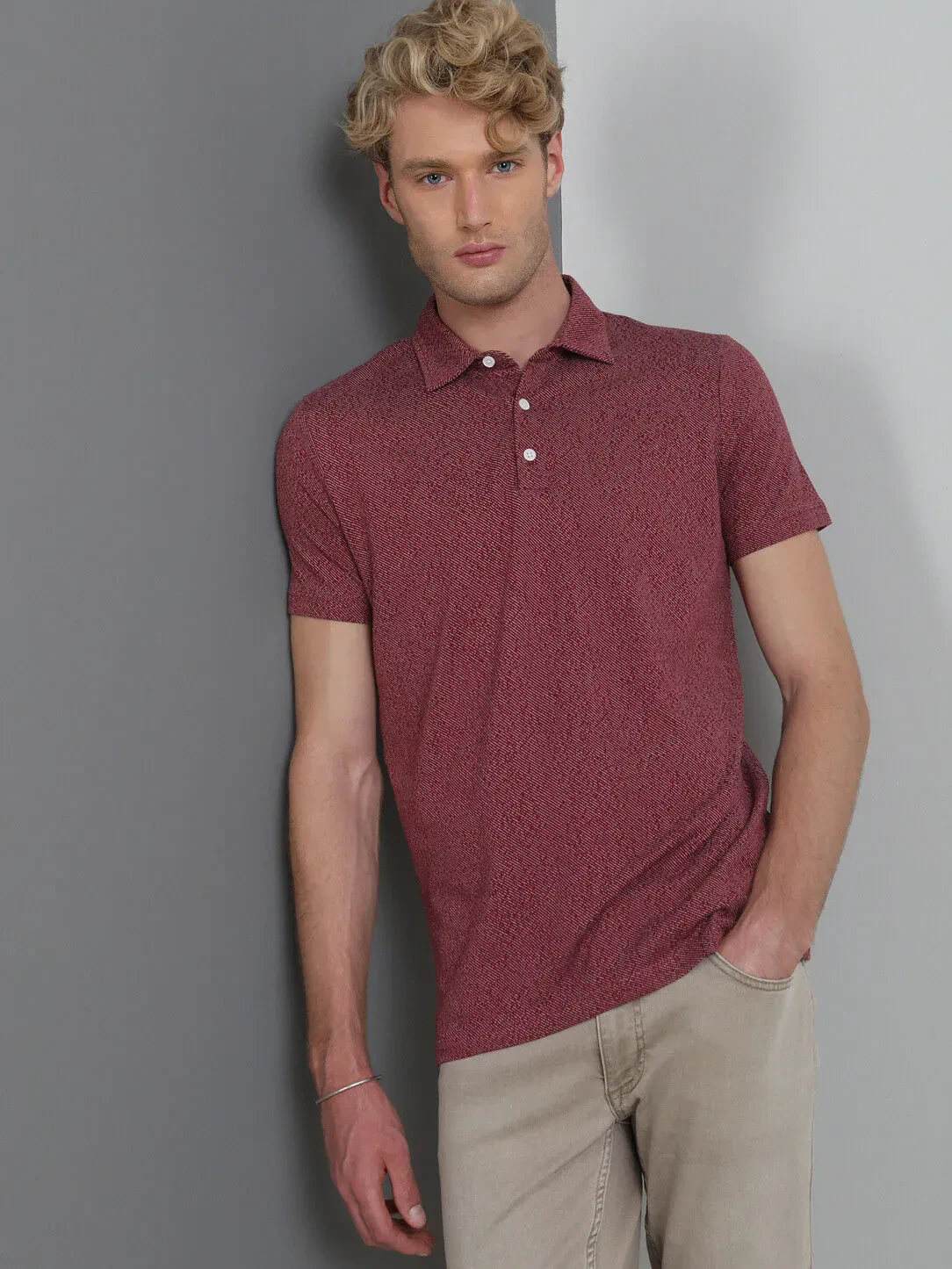 Bordo Desenli Polo Yaka %100 Pamuk T-Shirt - 1