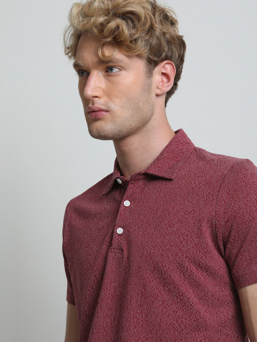 Bordo Desenli Polo Yaka %100 Pamuk T-Shirt - 2