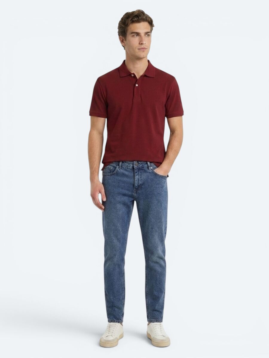 Bordo Düz %100 Pamuk T-Shirt - 2