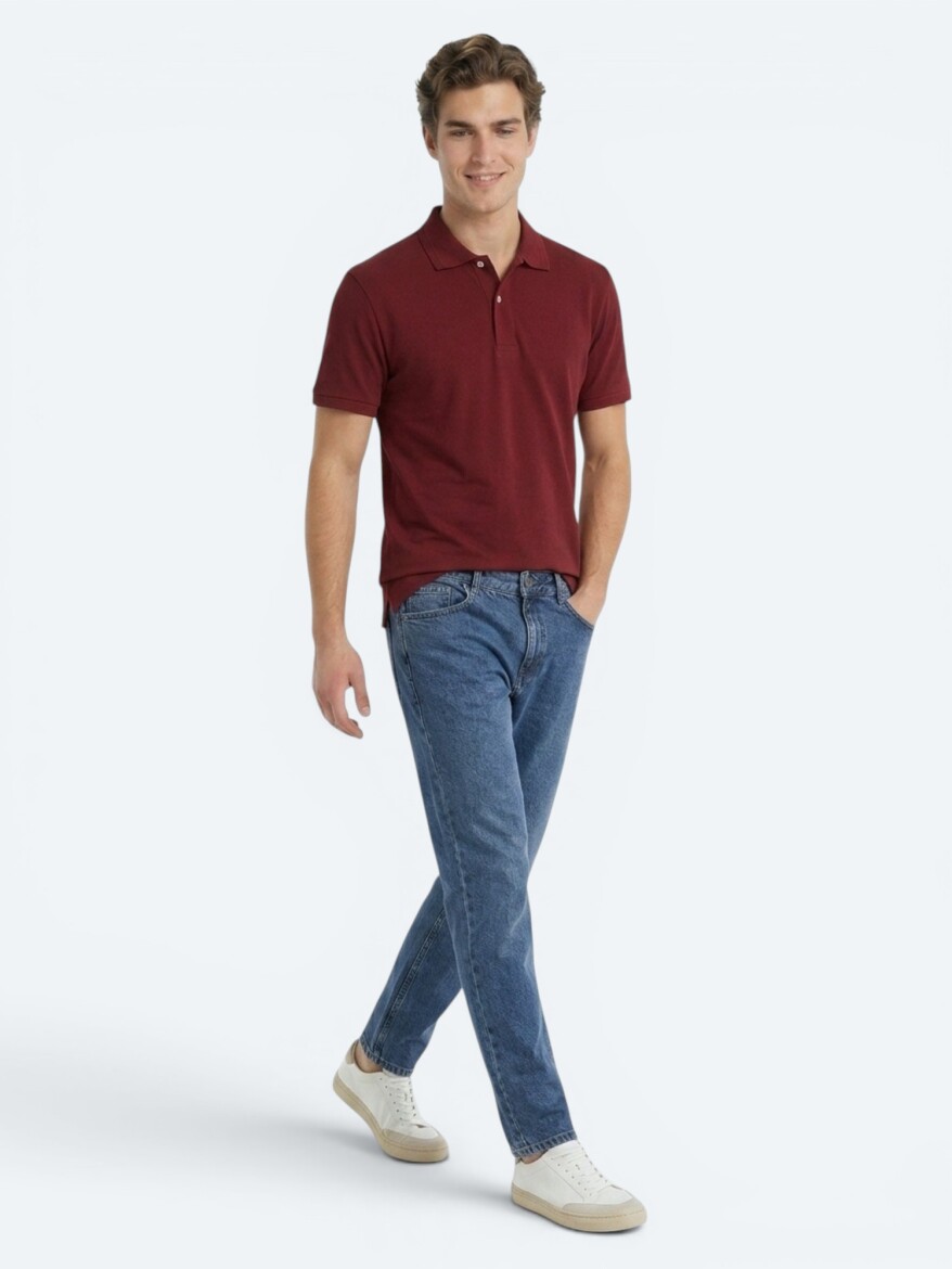 Bordo Düz %100 Pamuk T-Shirt - 3