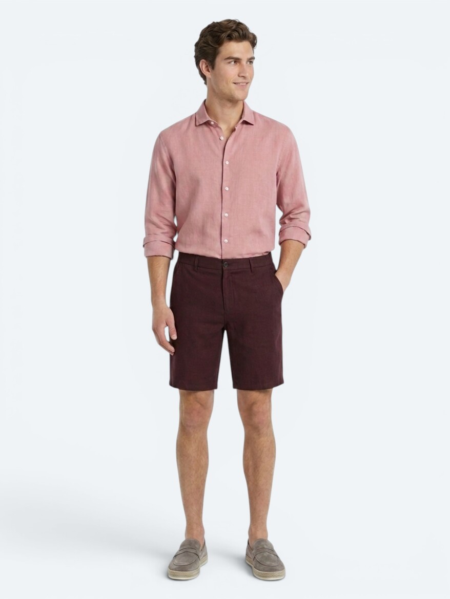 Bordo Düz Dokuma Jogging Fit Casual Pamuk Karışımlı Bermuda - KİP