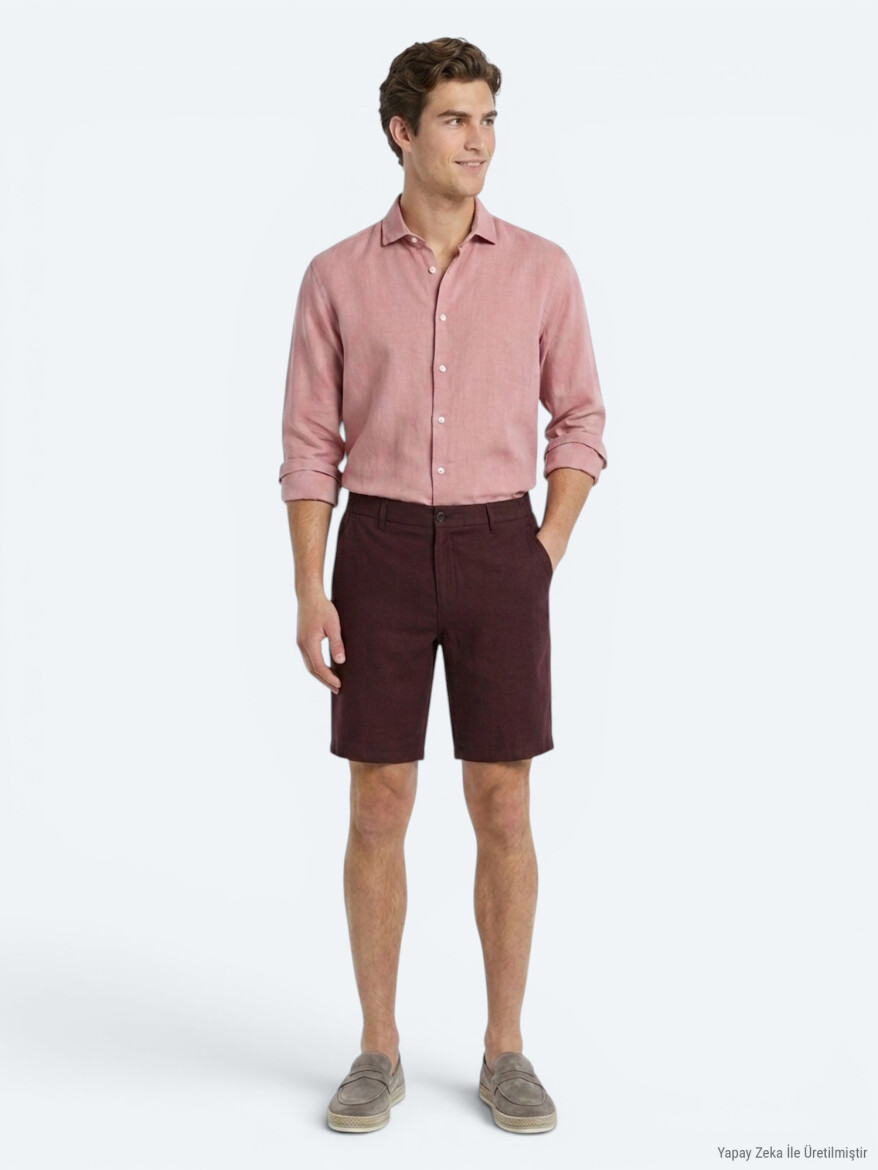 Bordo Düz Dokuma Jogging Fit Casual Pamuk Karışımlı Bermuda - KİP