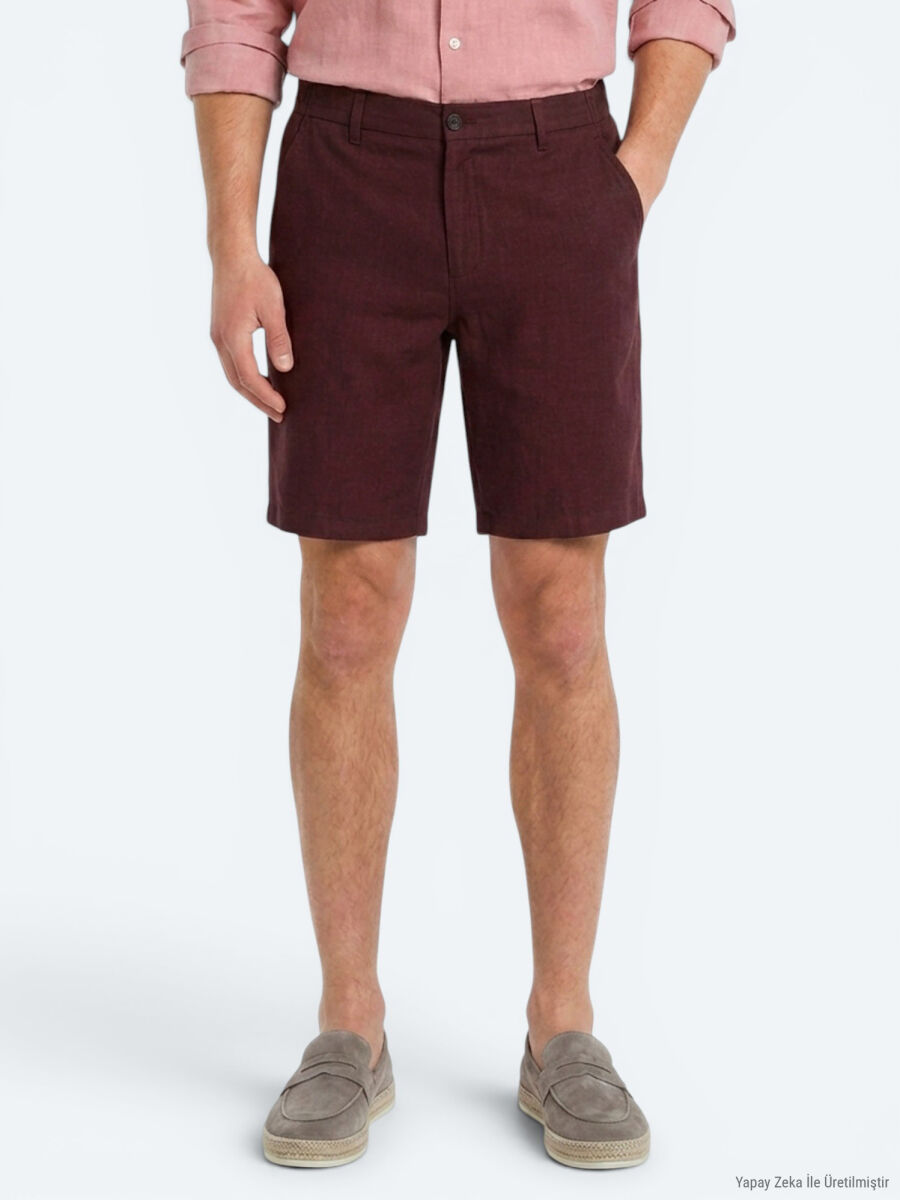 Bordo Düz Dokuma Jogging Fit Casual Pamuk Karışımlı Bermuda - 3