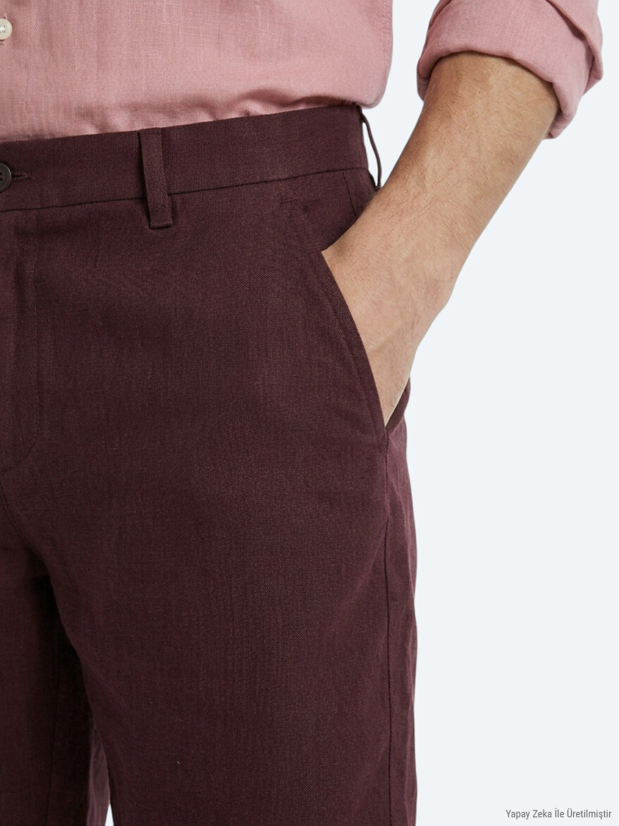 Bordo Düz Dokuma Jogging Fit Casual Pamuk Karışımlı Bermuda - 4