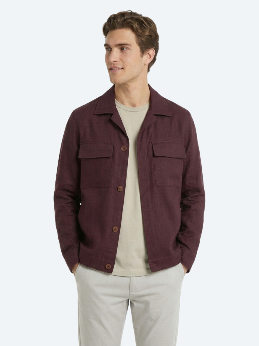 Bordo Düz Oversize Fit Uzun Dokuma Pamuk Karışımlı Overshırt - KİP