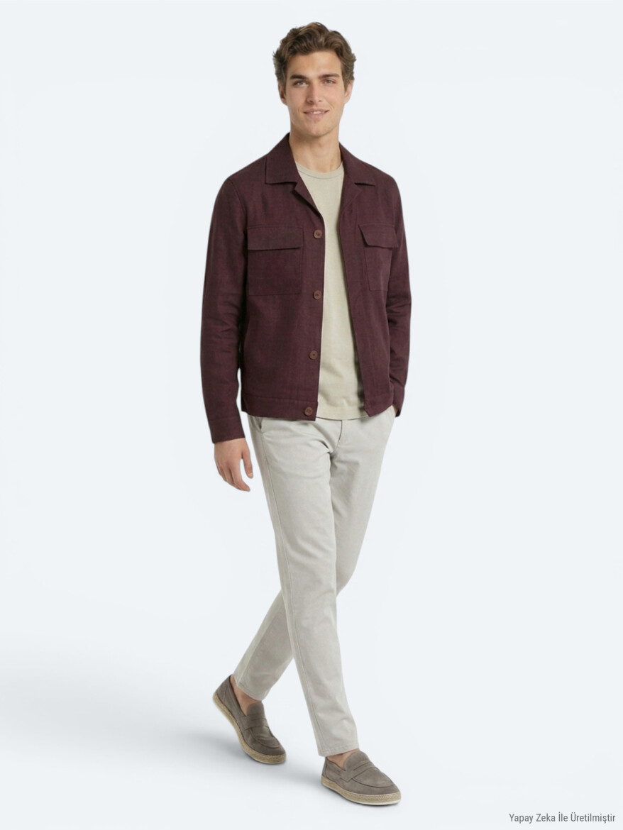 Bordo Düz Oversize Fit Uzun Dokuma Pamuk Karışımlı Overshırt - KİP