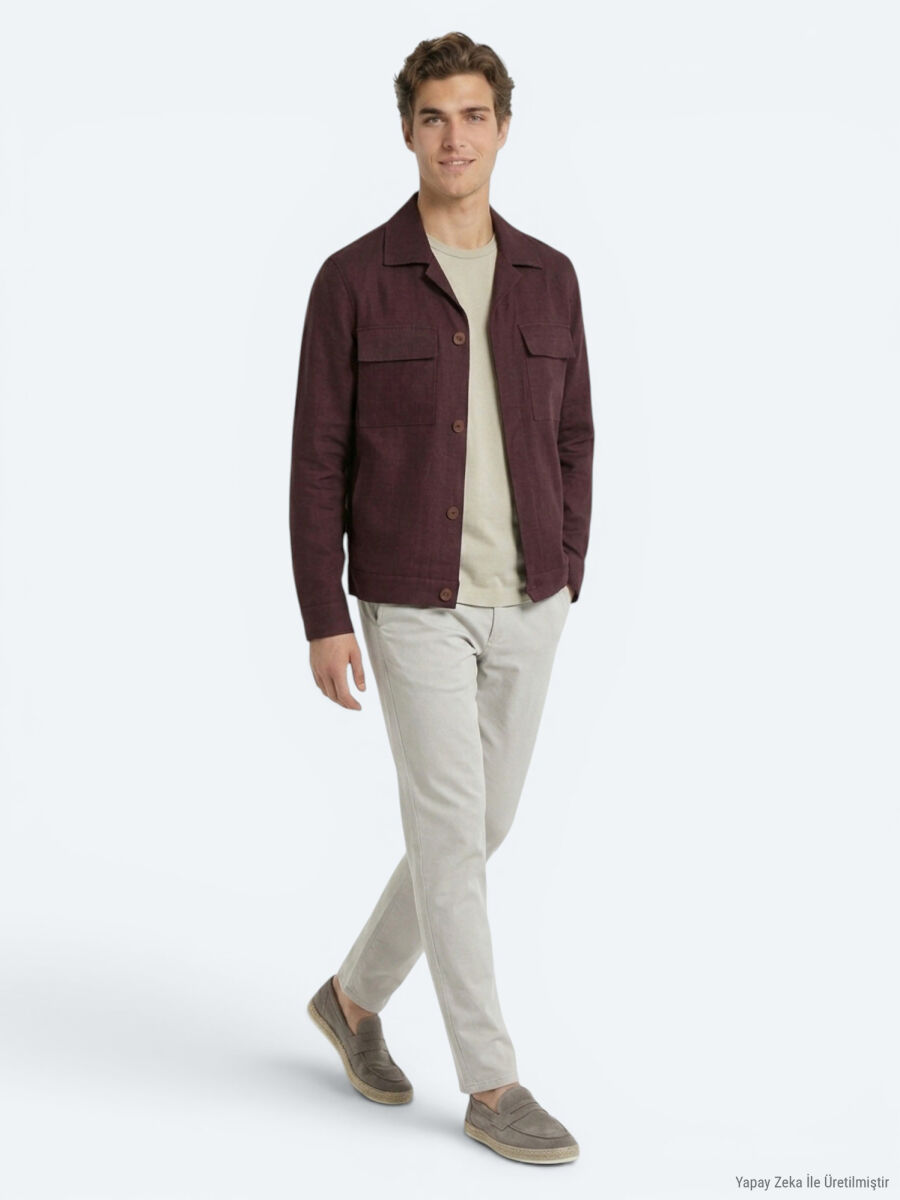 Bordo Düz Oversize Fit Uzun Dokuma Pamuk Karışımlı Overshırt - 2