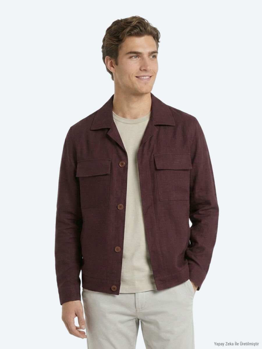 Bordo Düz Oversize Fit Uzun Dokuma Pamuk Karışımlı Overshırt - 4