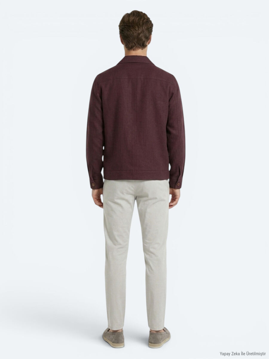 Bordo Düz Oversize Fit Uzun Dokuma Pamuk Karışımlı Overshırt - 5
