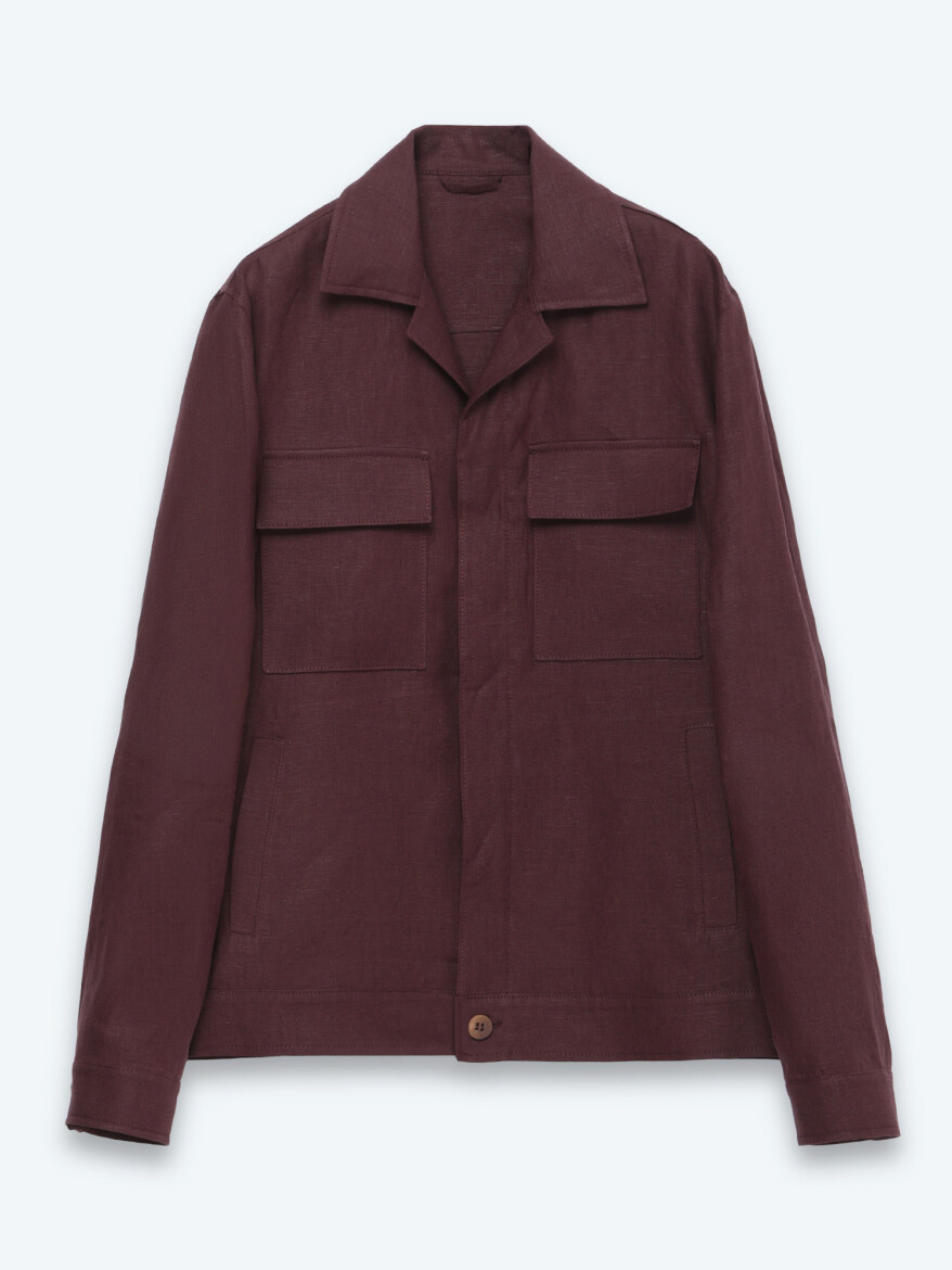 Bordo Düz Oversize Fit Uzun Dokuma Pamuk Karışımlı Overshırt - 6