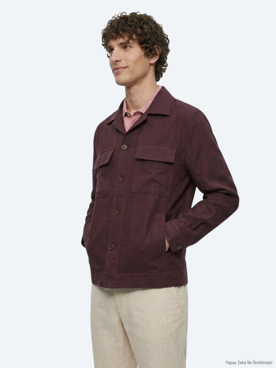 Bordo Düz Oversize Fit Uzun Dokuma Pamuk Karışımlı Overshırt - KİP