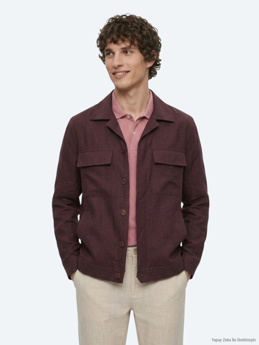 Bordo Düz Oversize Fit Uzun Dokuma Pamuk Karışımlı Overshırt - KİP