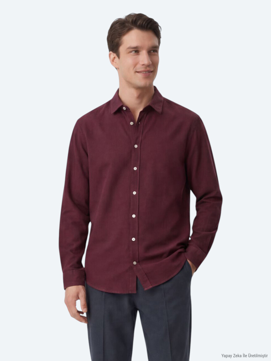 Bordo Düz Regular Fit Uzun Dokuma Casual %100 Pamuk Gömlek 