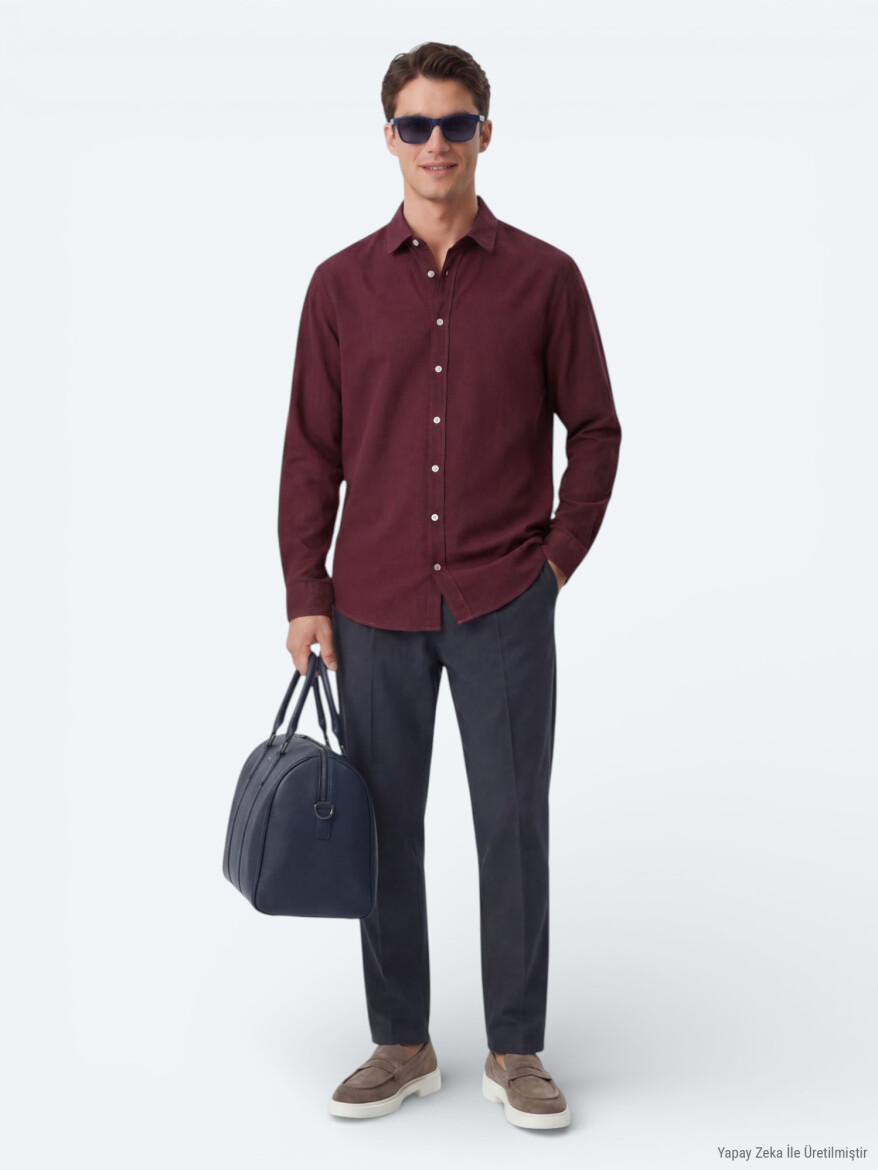 Bordo Düz Regular Fit Uzun Dokuma Casual %100 Pamuk Gömlek - 2