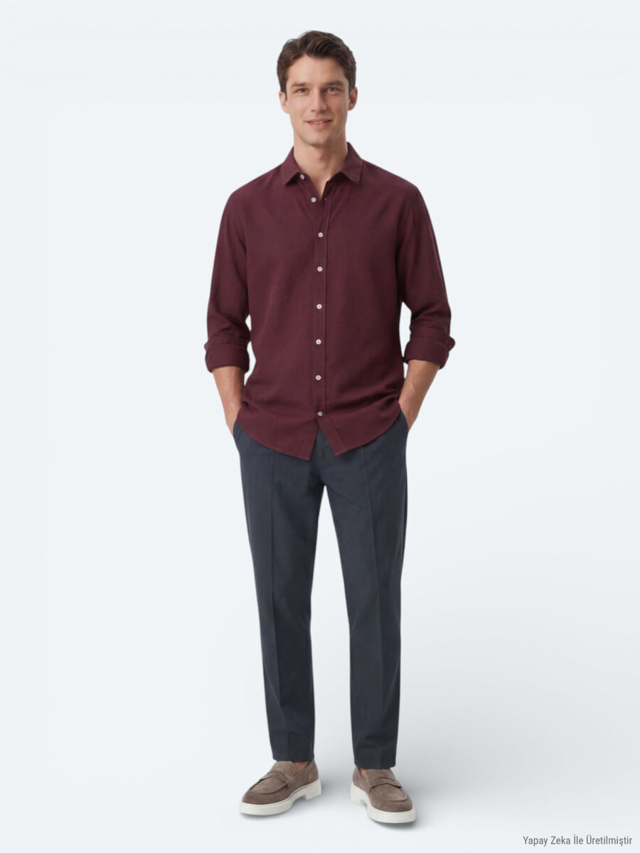 Bordo Düz Regular Fit Uzun Dokuma Casual %100 Pamuk Gömlek - 3