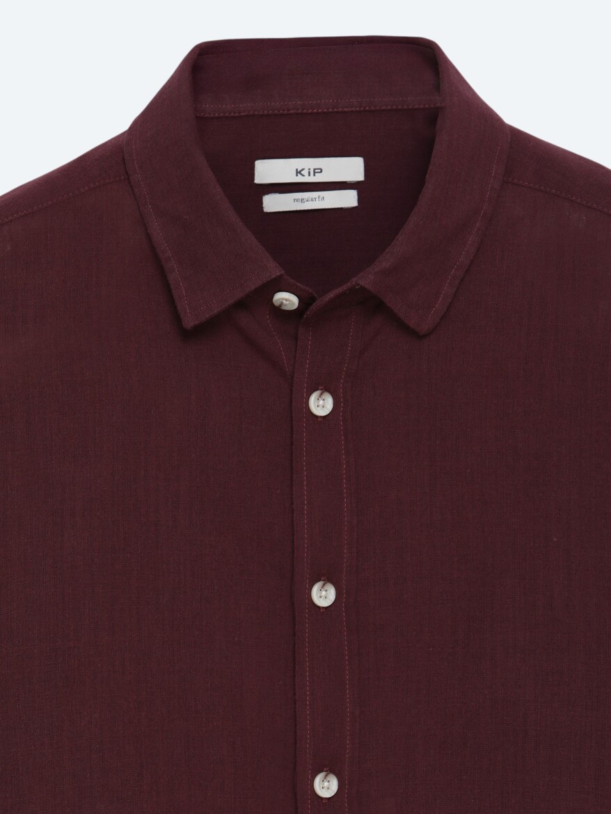 Bordo Düz Regular Fit Uzun Dokuma Casual %100 Pamuk Gömlek - 7