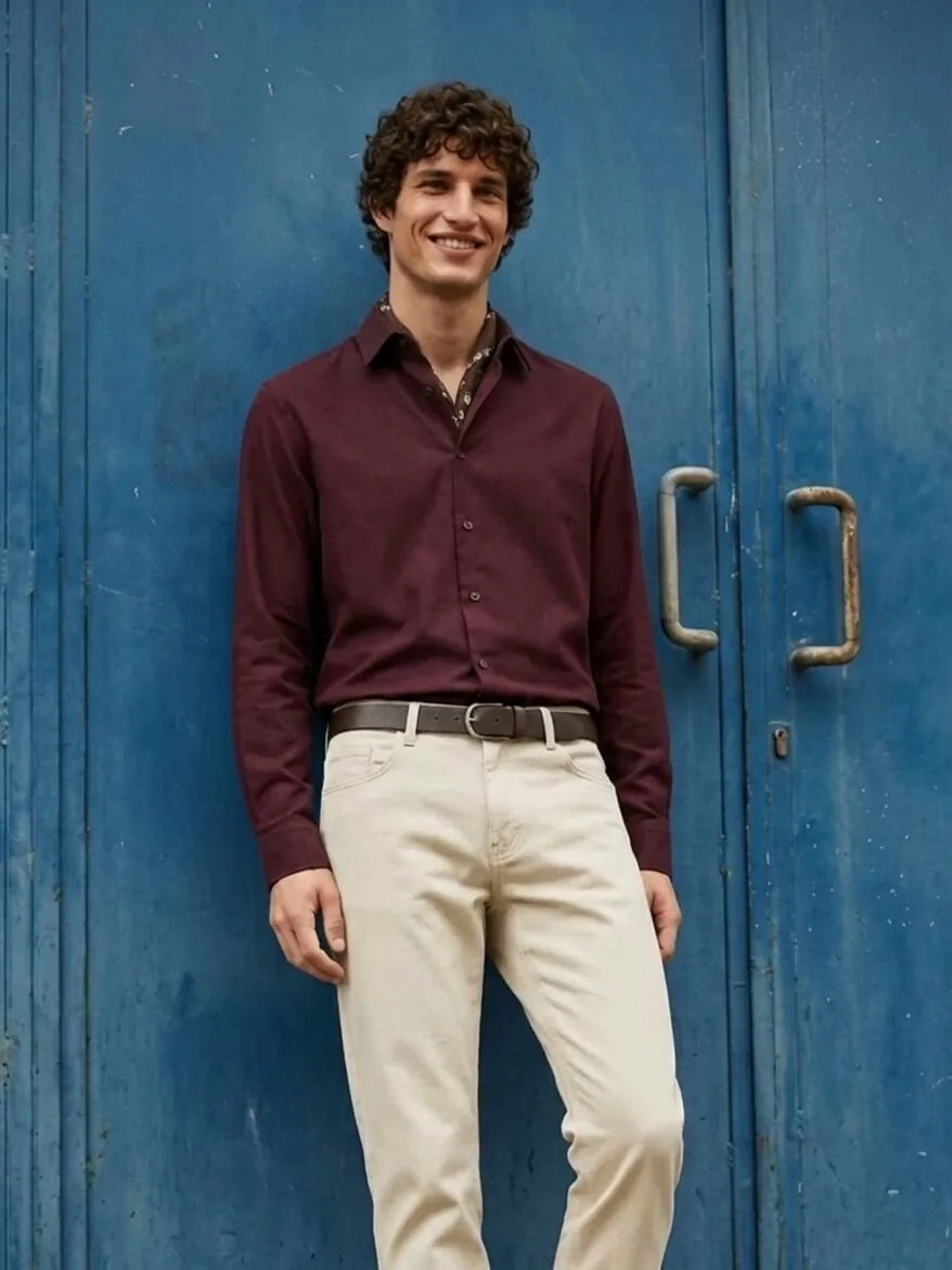 Bordo Düz Regular Fit Uzun Dokuma Casual %100 Pamuk Gömlek - KİP