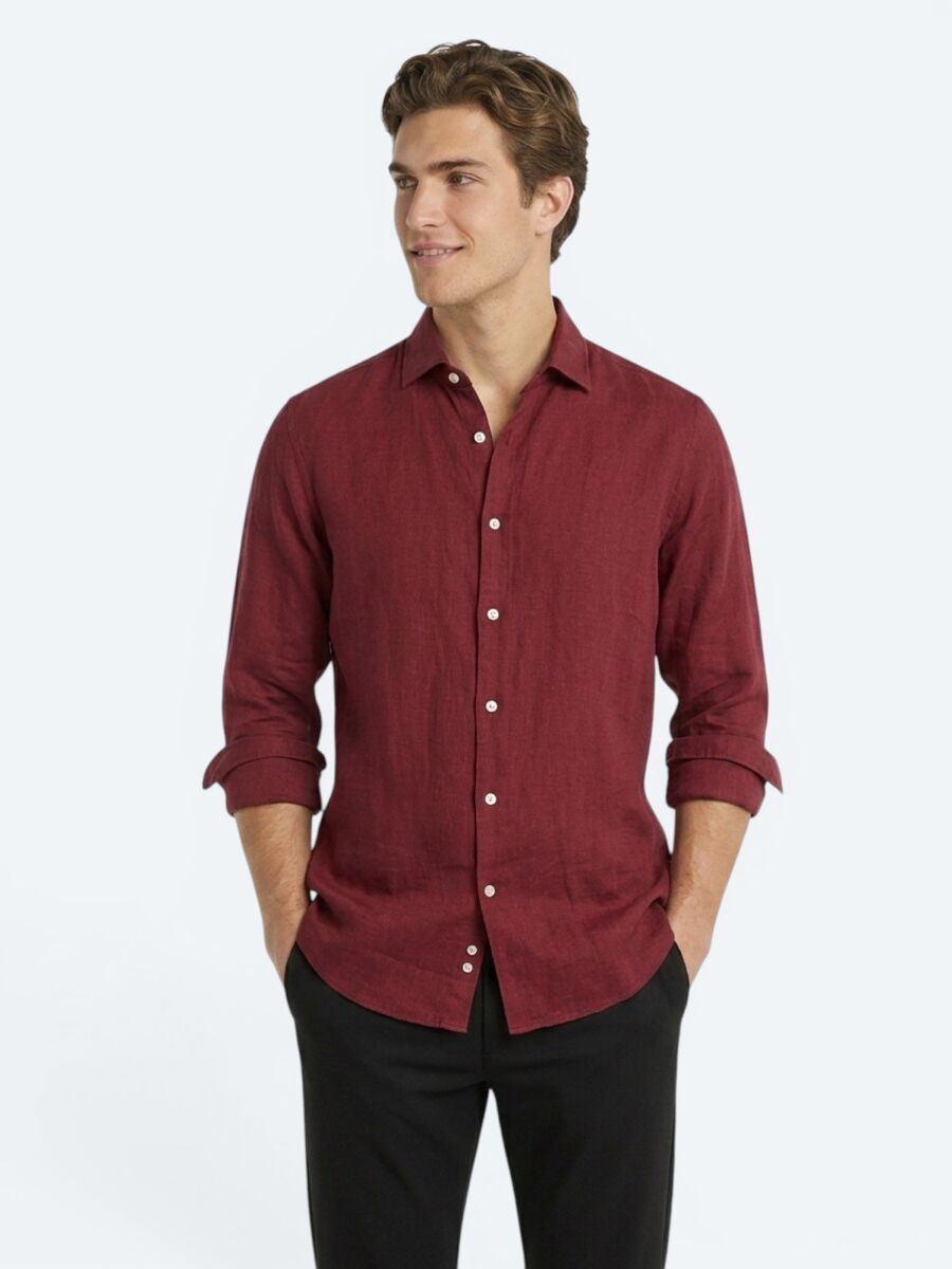 Bordo Düz Regular Fit Uzun Dokuma Casual Pamuk Karışımlı Gömlek - 1