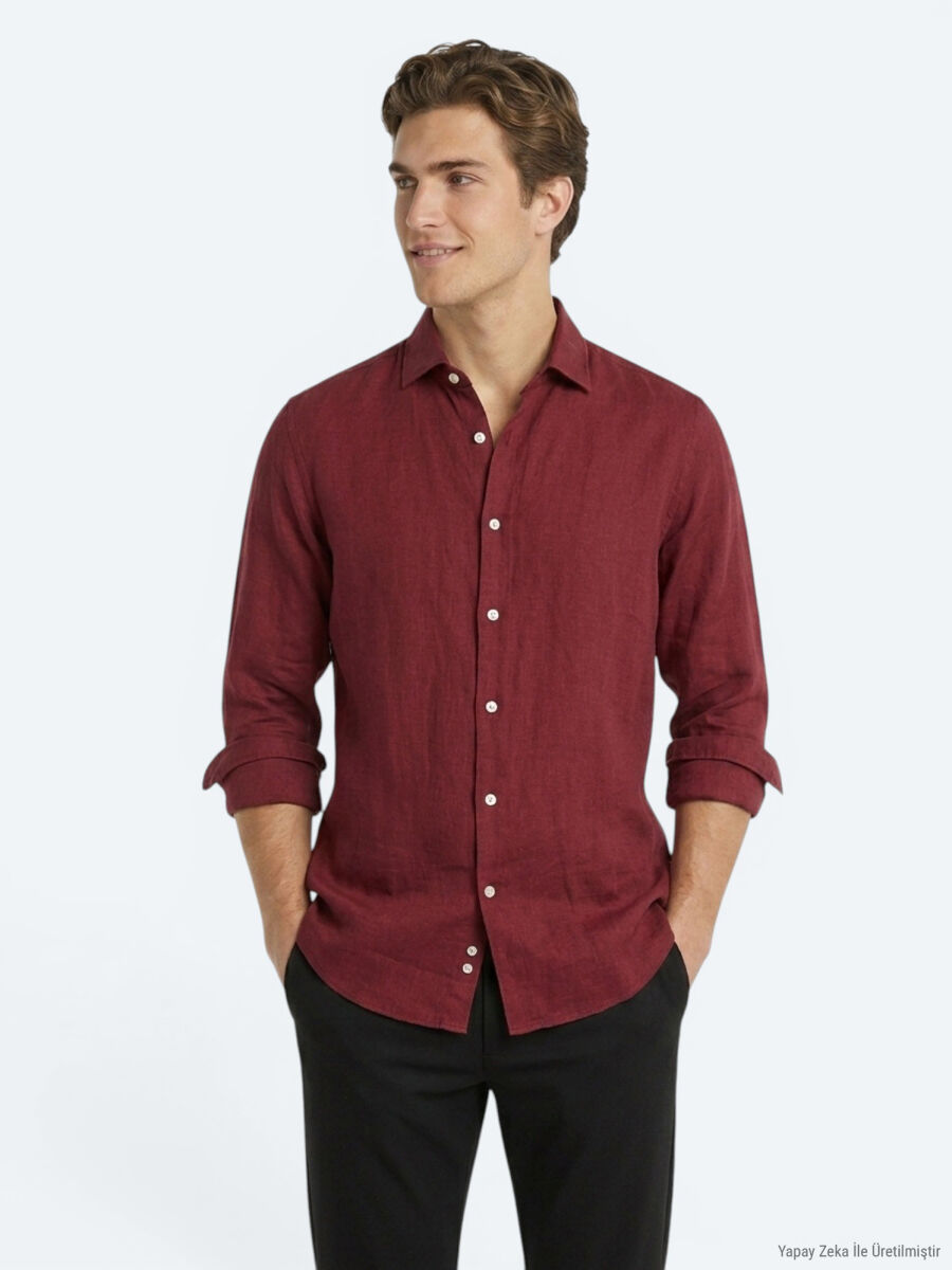 Bordo Düz Regular Fit Uzun Dokuma Casual Pamuk Karışımlı Gömlek - 1