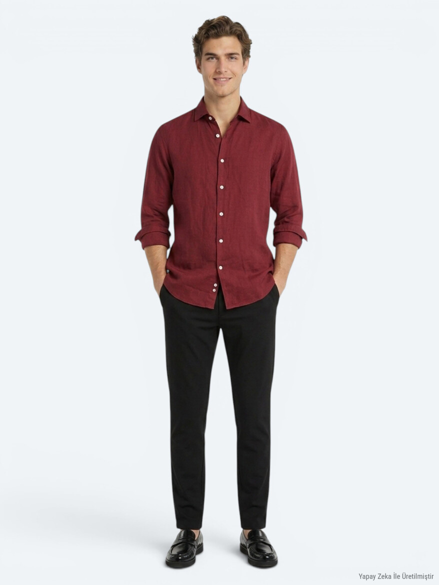 Bordo Düz Regular Fit Uzun Dokuma Casual Pamuk Karışımlı Gömlek - KİP