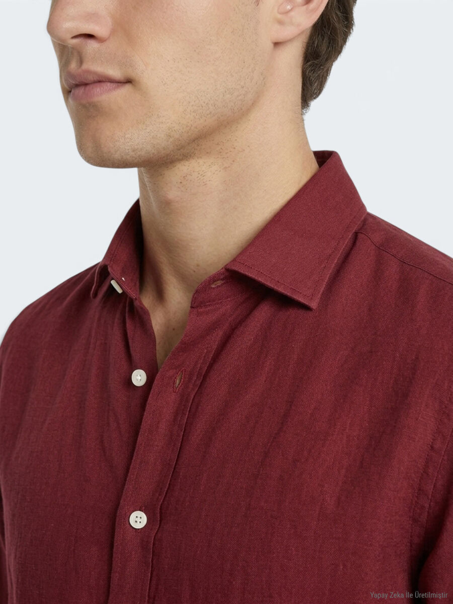 Bordo Düz Regular Fit Uzun Dokuma Casual Pamuk Karışımlı Gömlek - 3