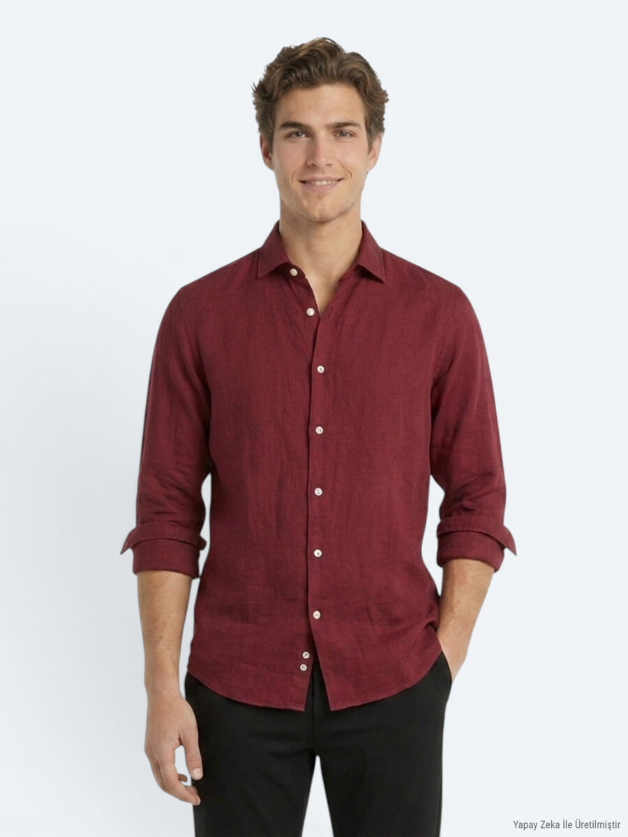 Bordo Düz Regular Fit Uzun Dokuma Casual Pamuk Karışımlı Gömlek - 4