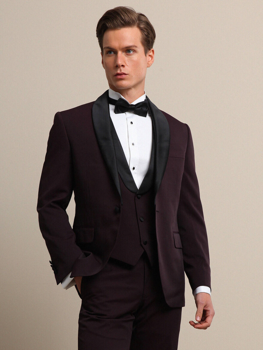 Bordo Düz Slim Fit Demonte Yaka Dokuma Yelekli Smokin Takım Elbise - 1