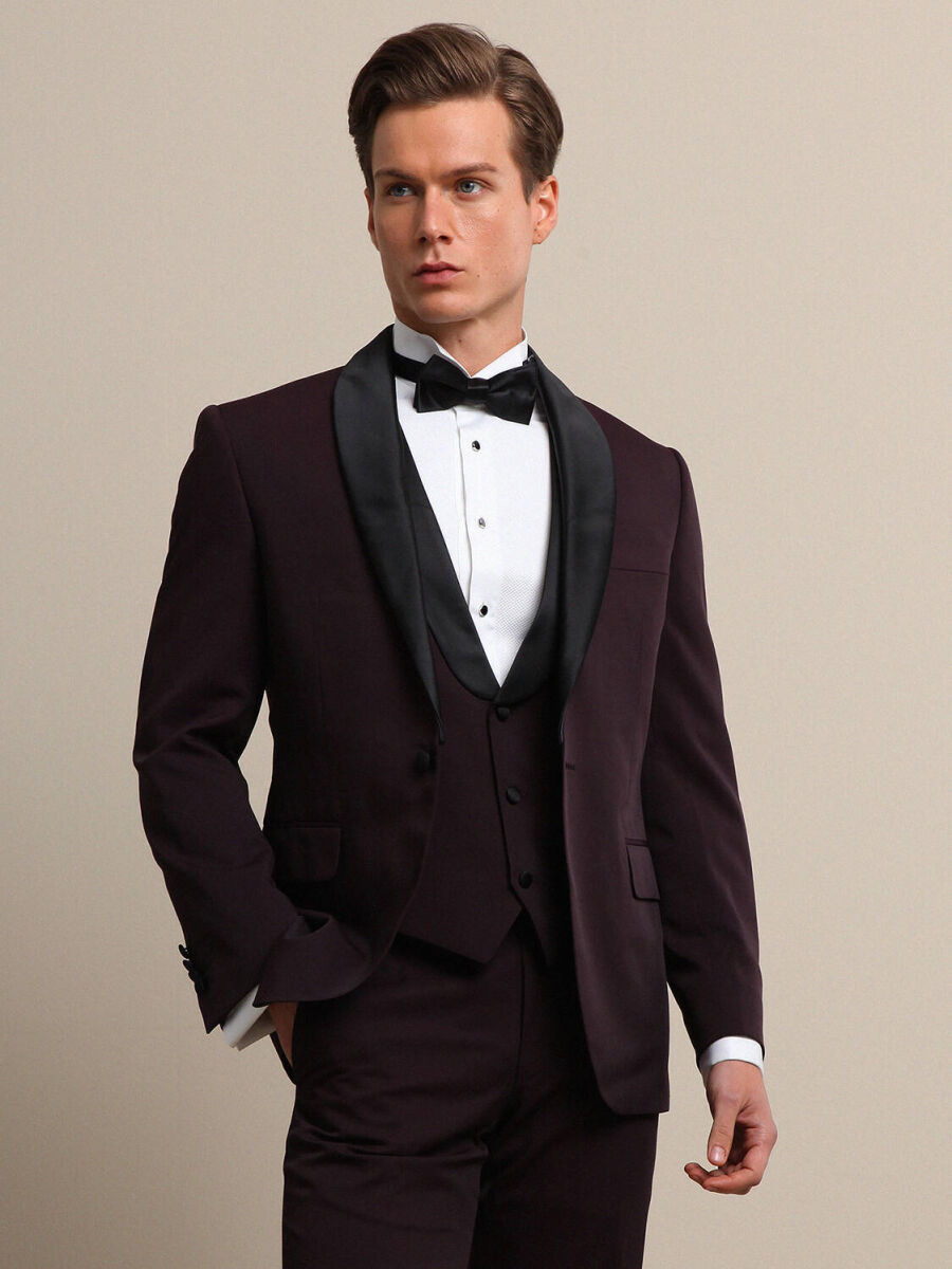 Bordo Düz Slim Fit Demonte Yaka Dokuma Yelekli Smokin Takım Elbise - 1