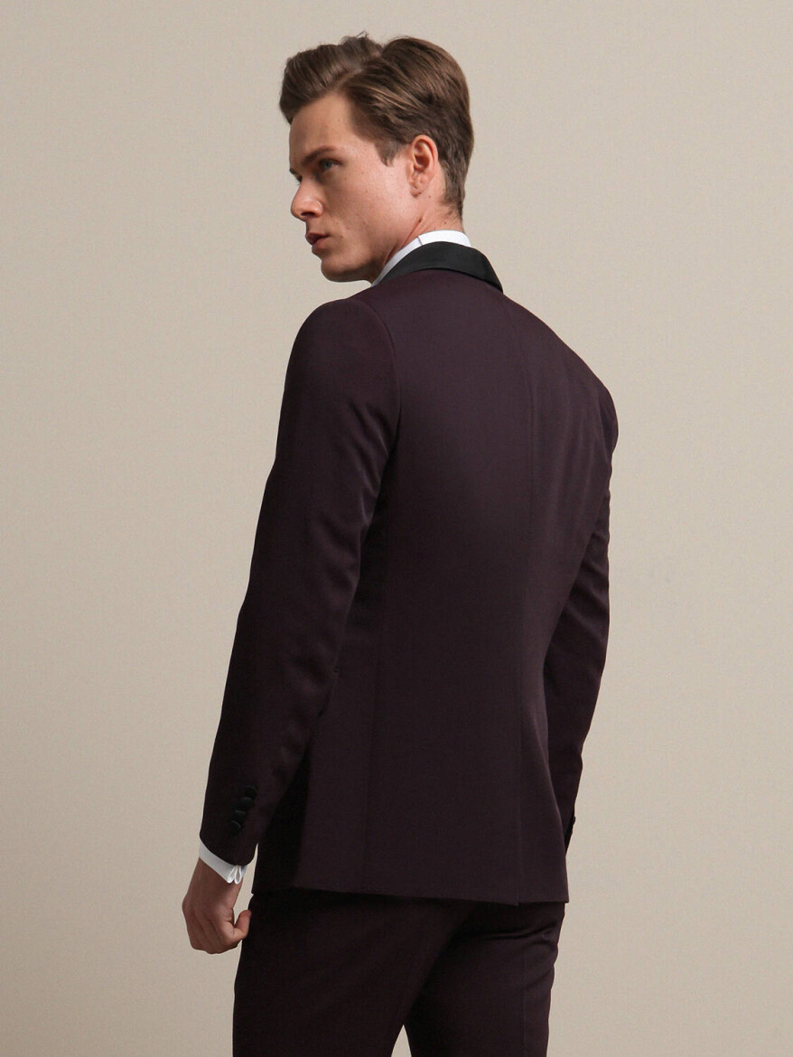 Bordo Düz Slim Fit Demonte Yaka Dokuma Yelekli Smokin Takım Elbise - 4
