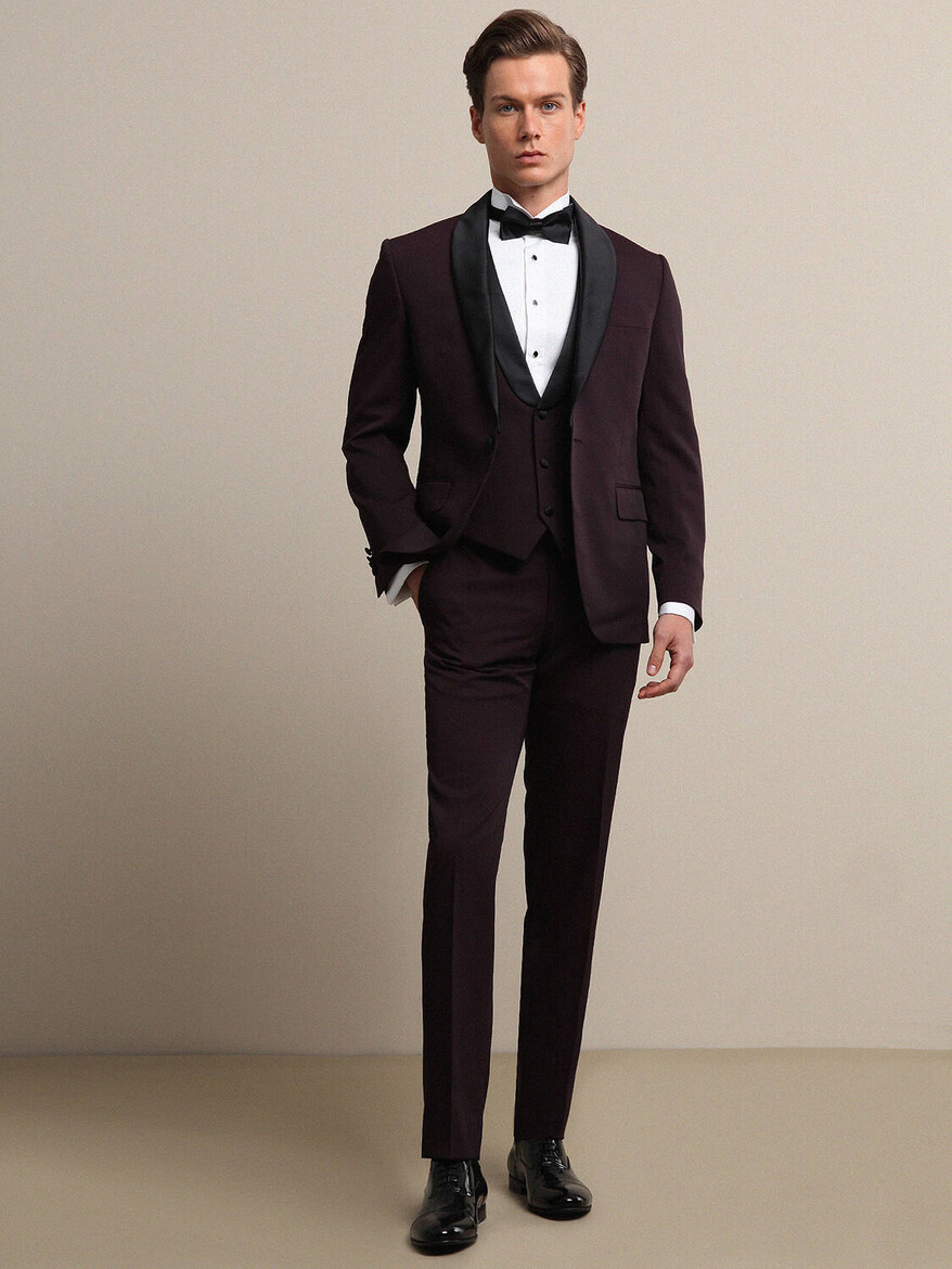 Bordo Düz Slim Fit Demonte Yaka Dokuma Yelekli Smokin Takım Elbise - 2