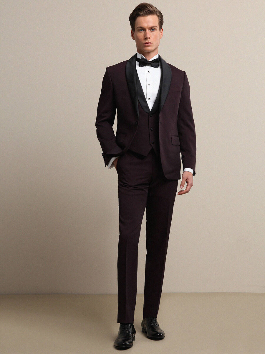 Bordo Düz Slim Fit Demonte Yaka Dokuma Yelekli Smokin Takım Elbise - 2