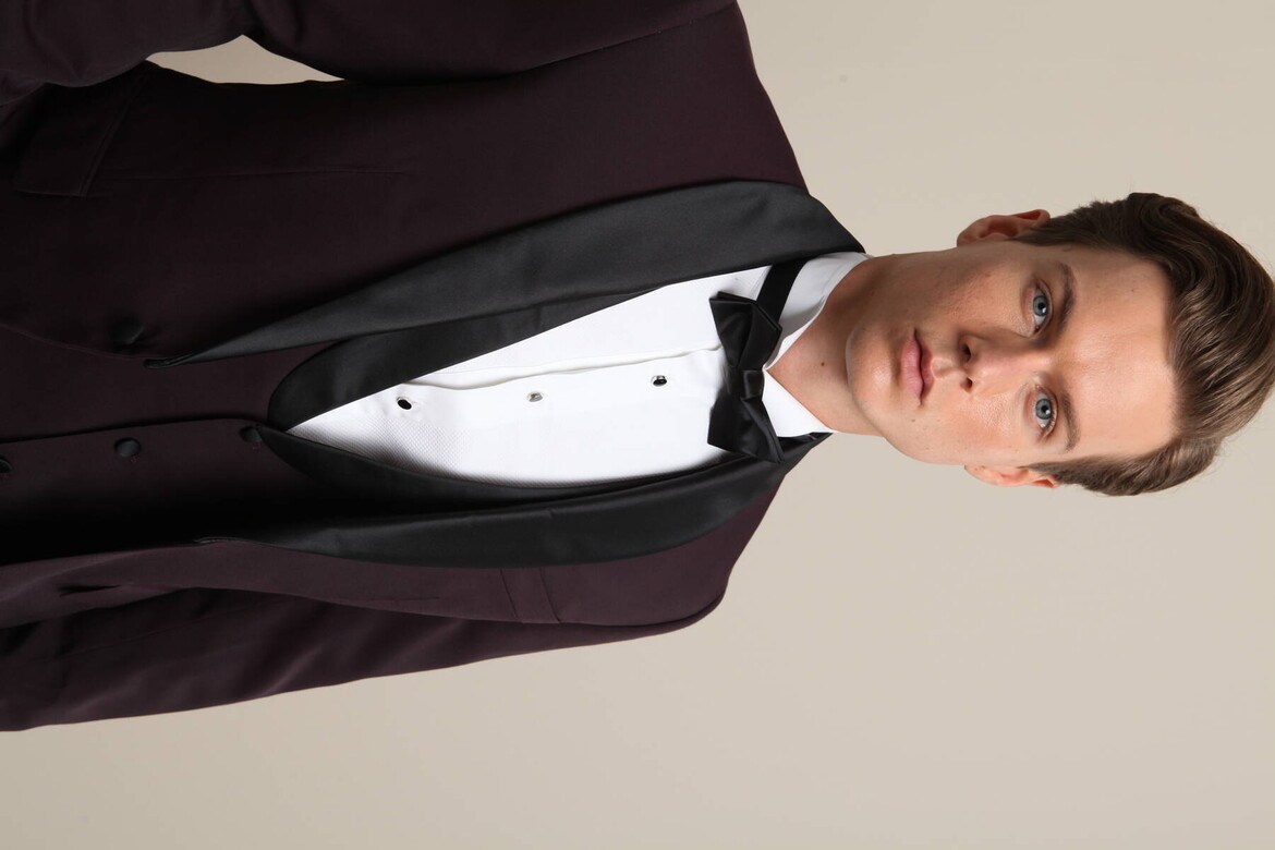 Bordo Düz Slim Fit Demonte Yaka Dokuma Yelekli Smokin Takım Elbise - 3