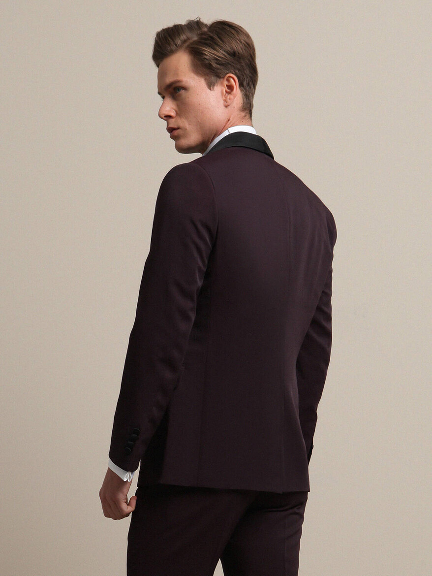 Bordo Düz Slim Fit Demonte Yaka Dokuma Yelekli Smokin Takım Elbise - 4