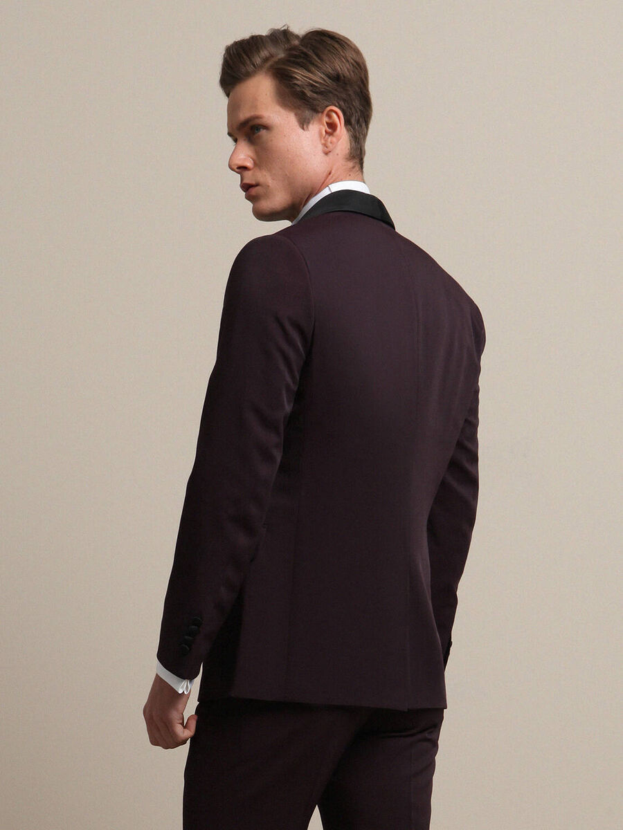 Bordo Düz Slim Fit Demonte Yaka Dokuma Yelekli Smokin Takım Elbise - 4