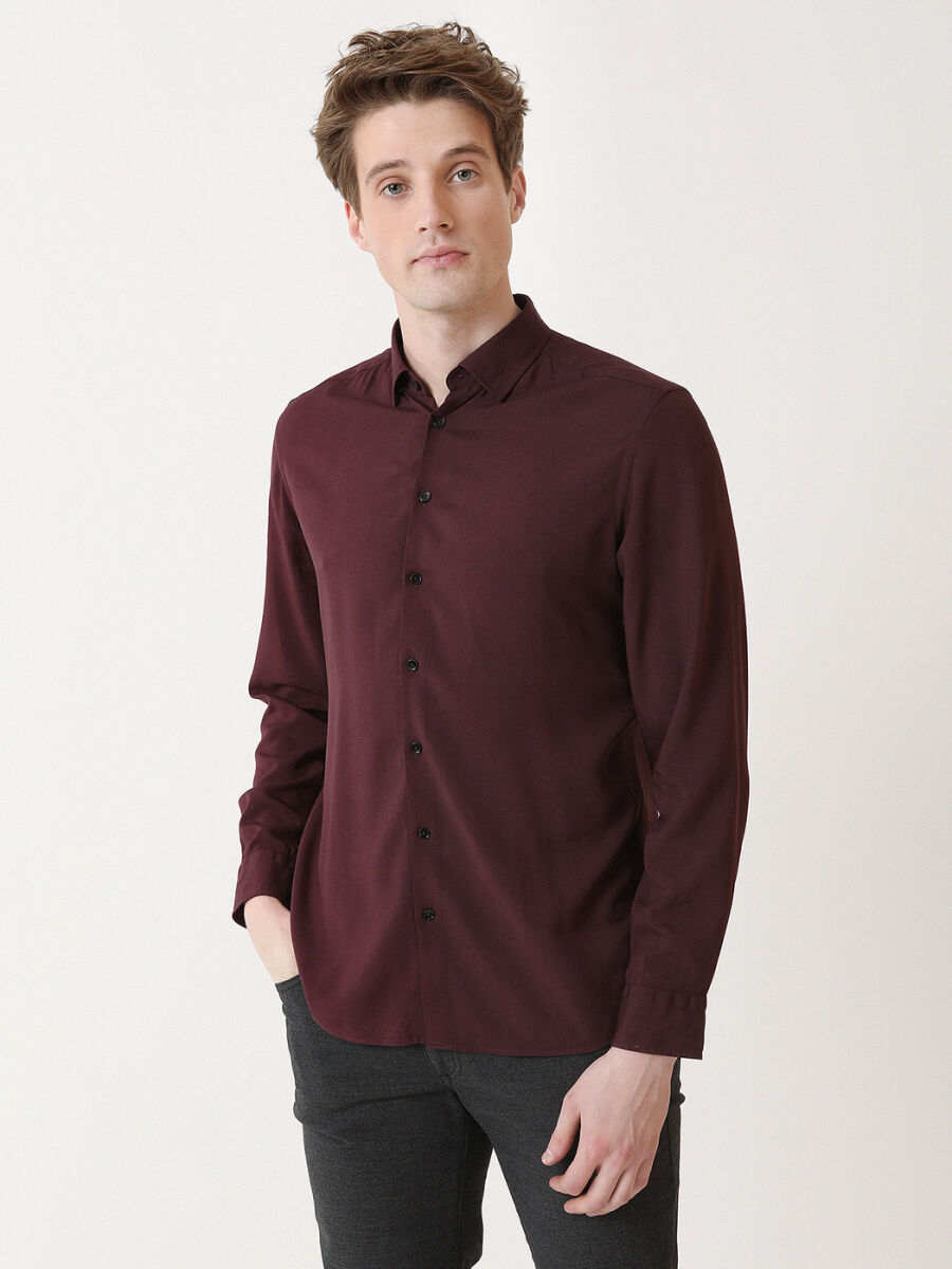 Bordo Düz Slim Fit Uzun Dokuma Casual Gömlek - 1