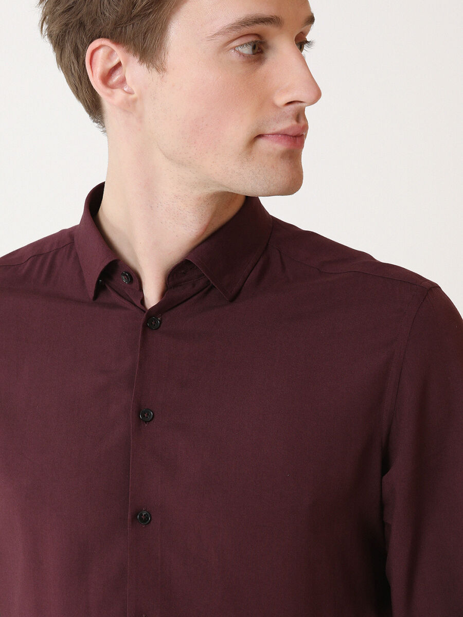 Bordo Düz Slim Fit Uzun Dokuma Casual Gömlek - 3